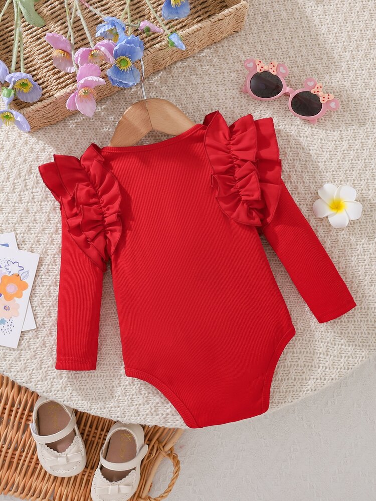 Cozy Pixies Baby Girl Knitted Solid Color Round Neck Ruffle Trim Casual Winter Romper,Christmas,New Fall Styles, Christmas - Multicolor - View 2