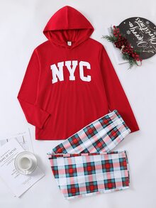 SHEIN 青少年男孩休閒舒適百搭寬鬆連帽長袖上衣與格紋長褲套裝 - 彩色 - 查看 8