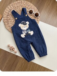 SHEIN Newborn Baby Cartoon Bear Pattern Casual Daily Outing Jumpsuit - Navy Blue - View 5