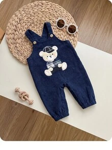 SHEIN Newborn Baby Cartoon Bear Pattern Casual Daily Outing Jumpsuit - Navy Blue - View 11