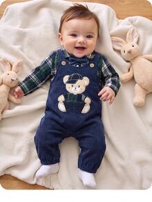 SHEIN Newborn Baby Cartoon Bear Pattern Casual Daily Outing Jumpsuit - Navy Blue - View 3