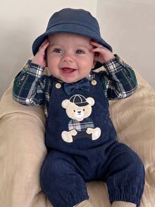 SHEIN Newborn Baby Cartoon Bear Pattern Casual Daily Outing Jumpsuit - Navy Blue - View 1