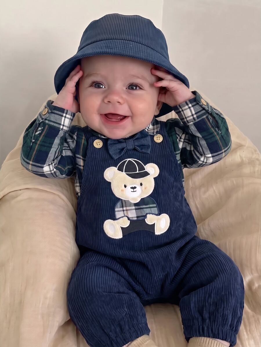 SHEIN Newborn Baby Cartoon Bear Pattern Casual Daily Outing Jumpsuit - Navy Blue - View 1