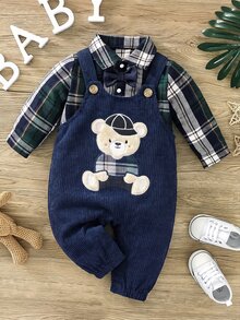 SHEIN Newborn Baby Cartoon Bear Pattern Casual Daily Outing Jumpsuit - Navy Blue - View 12