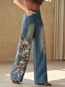 Anewsta Heavy Embroidery Pocket Casual Straight Leg Denim Jeans - Blue - View 4