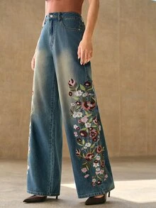 Anewsta Heavy Embroidery Pocket Casual Straight Leg Denim Jeans - Blue - View 3