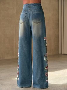 Anewsta Heavy Embroidery Pocket Casual Straight Leg Denim Jeans - Blue - View 2