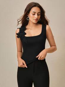 Anewsta Essential Fashionable Slim Fit Embroidery Seamless Rib Knit Tank Top - Black - View 5