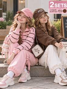 SHEIN Teen Girls Preppy Casual Pink Brown Half Zip Sweatshirt Horse Embroidery Drop Shoulder Long Sleeve Pullover Top Graduation Ball Fall Beach - Multicolor - View 9