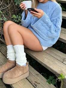 Easura 女款秋季慵懶百搭粗針編織圓領寬鬆顯瘦大尺碼套頭毛衣 優雅休閒上衣 度假晚宴淺藍色 - 藍色 - 查看 5