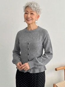 FRIFUL 素色圓領插肩袖長袖單排扣休閒優雅針織衫 中老年女性秋季早晨居家穿著派對灰色 - 深灰色 - 查看 3