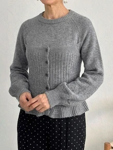 FRIFUL 素色圓領插肩袖長袖單排扣休閒優雅針織衫 中老年女性秋季早晨居家穿著派對灰色 - 深灰色 - 查看 6