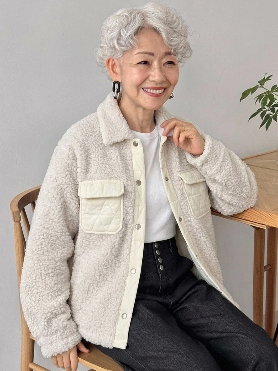 FRIFUL Middle-Aged And Elderly Women's Autumn/Winter Casual Granny Matrix Versatile Warm Jacket Formal Vacation Party White - Apricot - View 1
