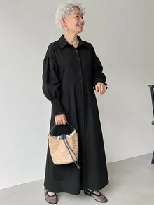 FRIFUL Women's Solid Color Pleated Casual Elegant Party Morning Formal Autumn Dress For Middle-Aged And Elderly Black - Black - View 8
