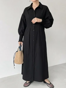 FRIFUL Women's Solid Color Pleated Casual Elegant Party Morning Formal Autumn Dress For Middle-Aged And Elderly Black - Black - View 5