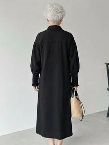 FRIFUL Women's Solid Color Pleated Casual Elegant Party Morning Formal Autumn Dress For Middle-Aged And Elderly Black - Black - View 4