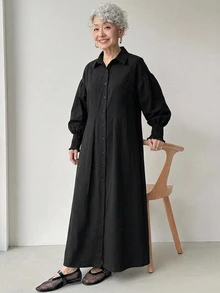 FRIFUL Women's Solid Color Pleated Casual Elegant Party Morning Formal Autumn Dress For Middle-Aged And Elderly Black - Black - View 3