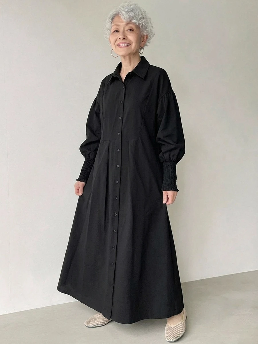 FRIFUL Women's Solid Color Pleated Casual Elegant Party Morning Formal Autumn Dress For Middle-Aged And Elderly Black - Black - View 1