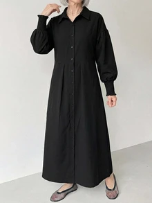 FRIFUL Women's Solid Color Pleated Casual Elegant Party Morning Formal Autumn Dress For Middle-Aged And Elderly Black - Black - View 6