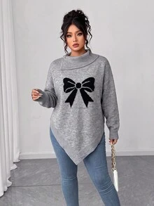 Elenzga Plus Size Grey Bowknot High Neck Sweater Women Asymmetrical Hem Loose Fit Flattering Slimming Lazy Knit Top Autumn Vacation Wedding Guest Casual Baggy - Grey - View 6