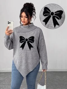 Elenzga Plus Size Grey Bowknot High Neck Sweater Women Asymmetrical Hem Loose Fit Flattering Slimming Lazy Knit Top Autumn Vacation Wedding Guest Casual Baggy - Grey - View 7