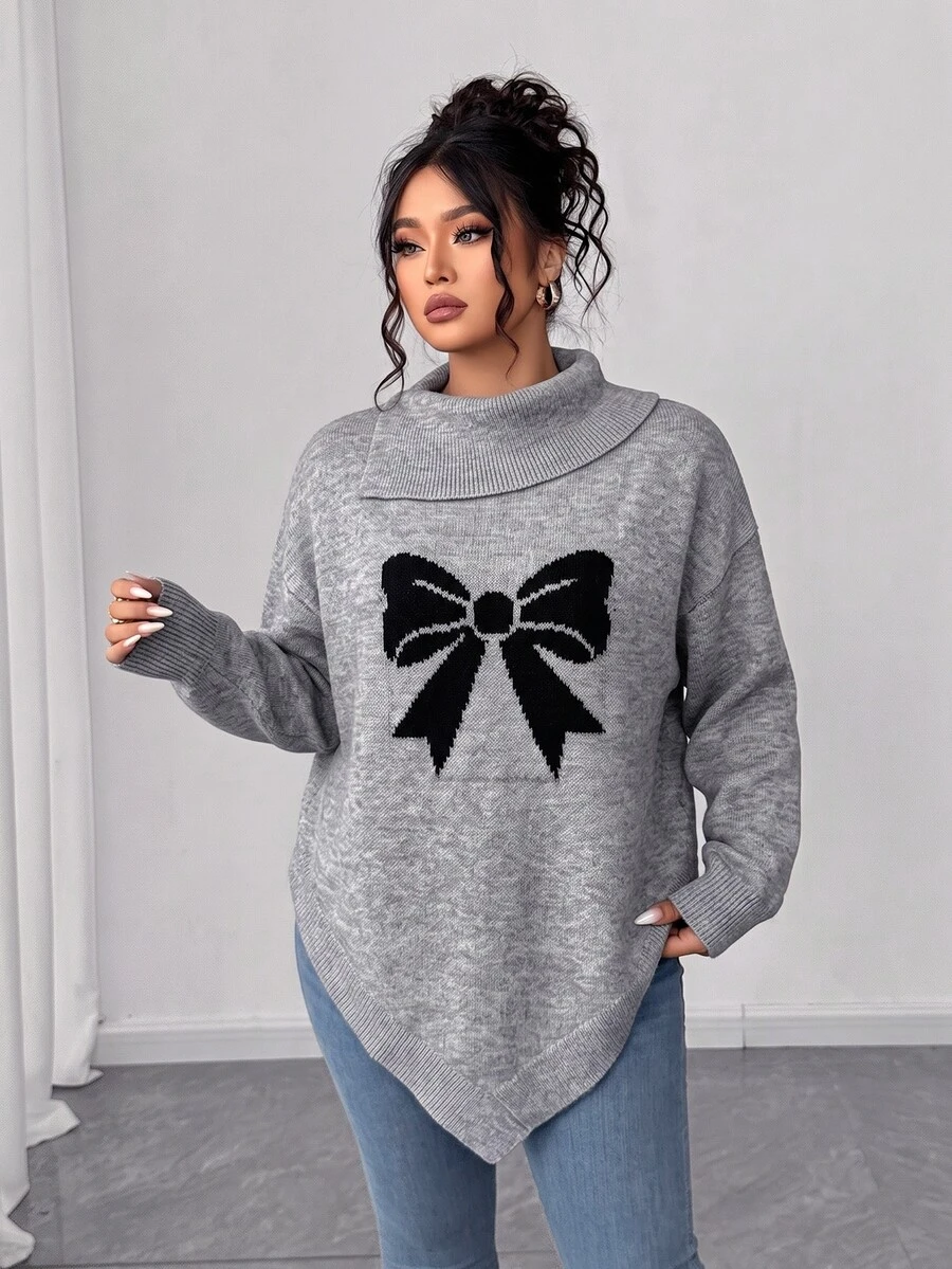 Elenzga Plus Size Grey Bowknot High Neck Sweater Women Asymmetrical Hem Loose Fit Flattering Slimming Lazy Knit Top Autumn Vacation Wedding Guest Casual Baggy - Grey - View 1