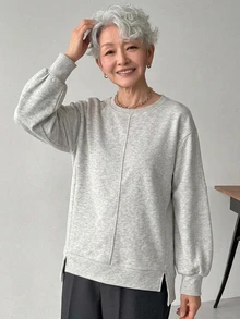 FRIFUL Sweatshirt Lengan Panjang Wanita Warna Polos Kasual Gaya Nenek Serbaguna untuk Pemakaian Sehari-hari, Kantor, Rumah, Abu-abu Musim Gugur - Putih - View 5