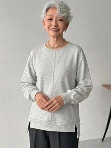 FRIFUL Sweatshirt Lengan Panjang Wanita Warna Polos Kasual Gaya Nenek Serbaguna untuk Pemakaian Sehari-hari, Kantor, Rumah, Abu-abu Musim Gugur - Putih - View 6