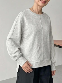 FRIFUL Sweatshirt Lengan Panjang Wanita Warna Polos Kasual Gaya Nenek Serbaguna untuk Pemakaian Sehari-hari, Kantor, Rumah, Abu-abu Musim Gugur - Putih - View 3