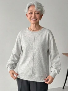 FRIFUL Sweatshirt Lengan Panjang Wanita Warna Polos Kasual Gaya Nenek Serbaguna untuk Pemakaian Sehari-hari, Kantor, Rumah, Abu-abu Musim Gugur - Putih - View 2