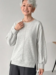 FRIFUL Sweatshirt Lengan Panjang Wanita Warna Polos Kasual Gaya Nenek Serbaguna untuk Pemakaian Sehari-hari, Kantor, Rumah, Abu-abu Musim Gugur - Putih - View 1
