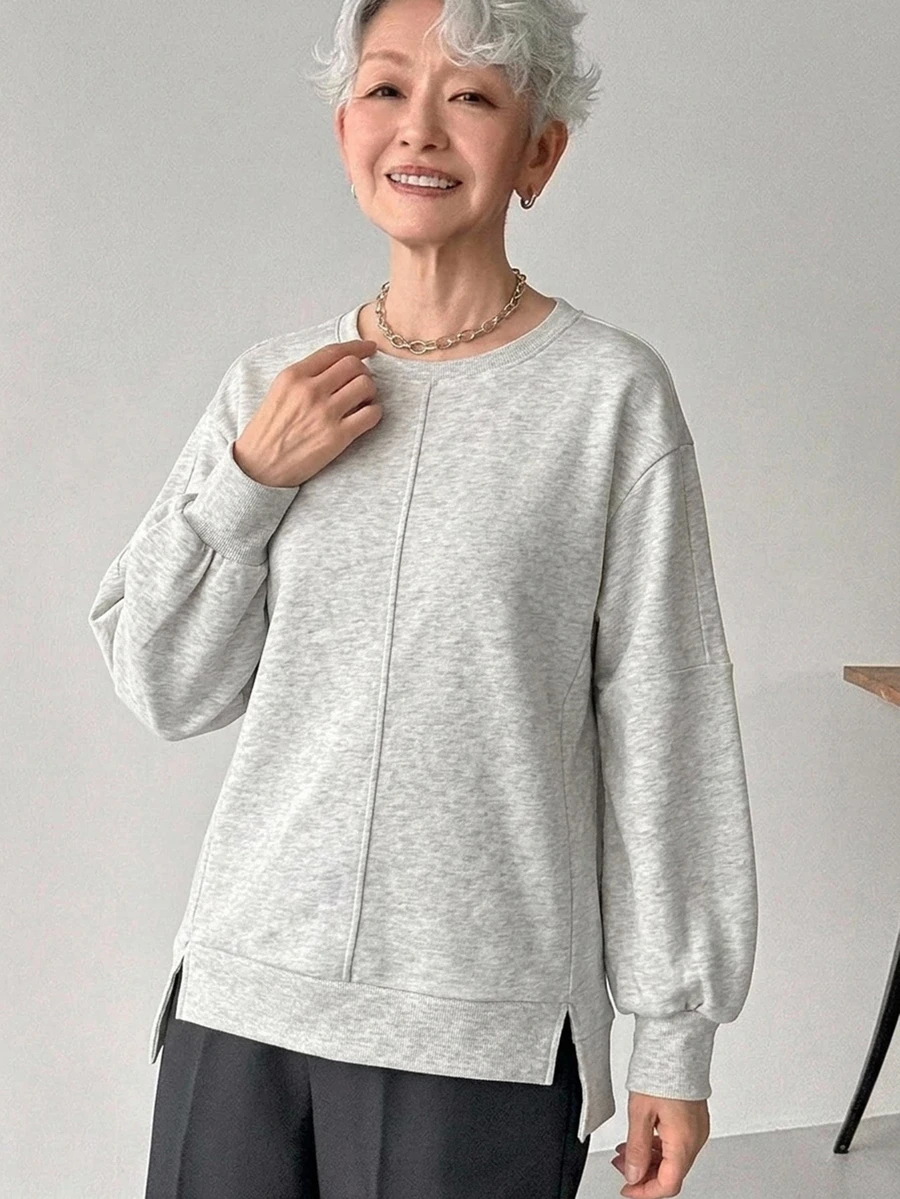 FRIFUL Sweatshirt Lengan Panjang Wanita Warna Polos Kasual Gaya Nenek Serbaguna untuk Pemakaian Sehari-hari, Kantor, Rumah, Abu-abu Musim Gugur - Putih - View 1