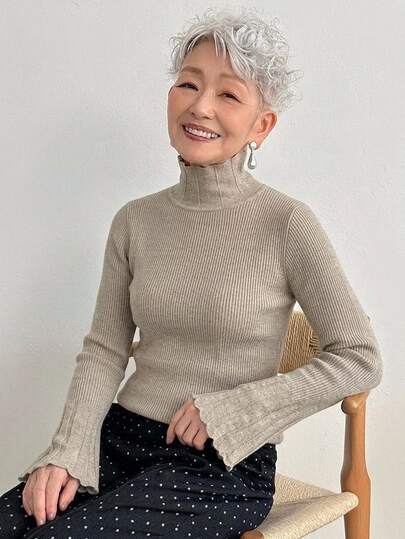 FRIFUL Solid Color Slim Fit Long Sleeve Knit Sweater For Middle-Aged And Elderly Women Office Morning Grey Fall Elegant Granny Casual Winter