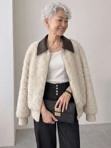 FRIFUL Women's Fall Fashion Contrast Collar Cardigan Formal Night Black And White Casual Elegant Party Winter - Beige - View 6
