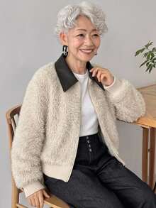 FRIFUL Women's Fall Fashion Contrast Collar Cardigan Formal Night Black And White Casual Elegant Party Winter - Beige - View 9