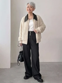 FRIFUL Women's Fall Fashion Contrast Collar Cardigan Formal Night Black And White Casual Elegant Party Winter - Beige - View 3