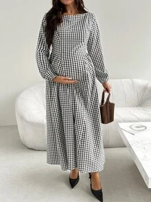 SHEIN فستان كاجوال مطوي بنقشة مربعات للحفلات والسفر للنساء الحوامل في فصل الخريف - كاكي - مشاهدة 7