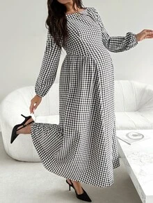 SHEIN فستان كاجوال مطوي بنقشة مربعات للحفلات والسفر للنساء الحوامل في فصل الخريف - كاكي - مشاهدة 5
