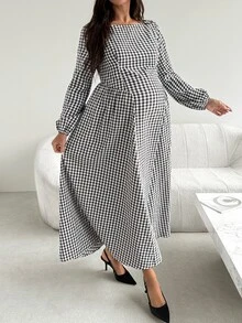 SHEIN فستان كاجوال مطوي بنقشة مربعات للحفلات والسفر للنساء الحوامل في فصل الخريف - كاكي - مشاهدة 4
