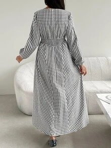 SHEIN فستان كاجوال مطوي بنقشة مربعات للحفلات والسفر للنساء الحوامل في فصل الخريف - كاكي - مشاهدة 8