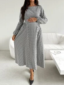 SHEIN فستان كاجوال مطوي بنقشة مربعات للحفلات والسفر للنساء الحوامل في فصل الخريف - كاكي - مشاهدة 2