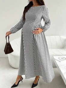 SHEIN فستان كاجوال مطوي بنقشة مربعات للحفلات والسفر للنساء الحوامل في فصل الخريف - كاكي - مشاهدة 6