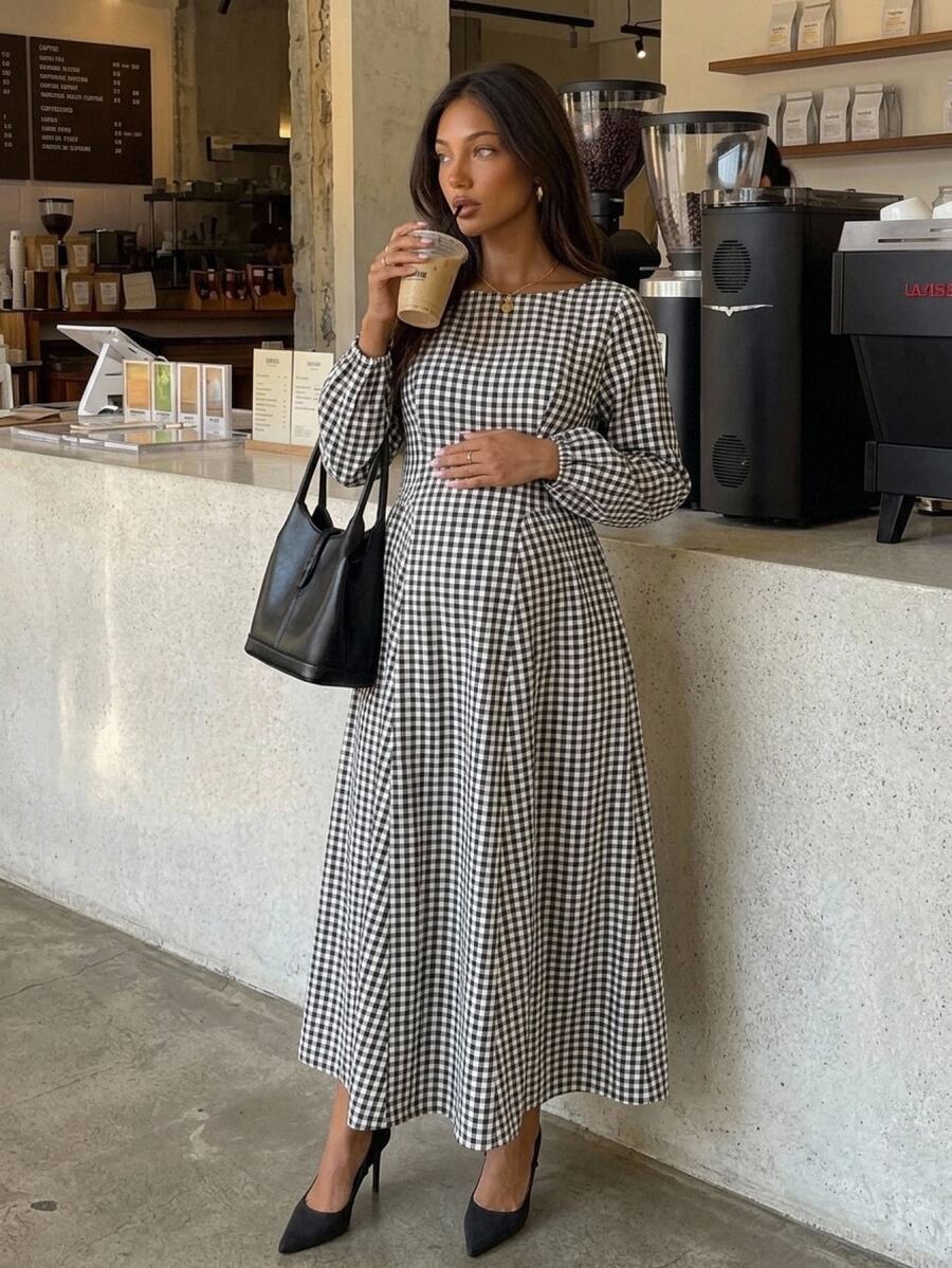SHEIN فستان كاجوال مطوي بنقشة مربعات للحفلات والسفر للنساء الحوامل في فصل الخريف - كاكي - مشاهدة 1
