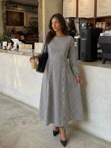 SHEIN فستان كاجوال مطوي بنقشة مربعات للحفلات والسفر للنساء الحوامل في فصل الخريف - كاكي - مشاهدة 9