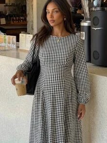 SHEIN فستان كاجوال مطوي بنقشة مربعات للحفلات والسفر للنساء الحوامل في فصل الخريف - كاكي - مشاهدة 10