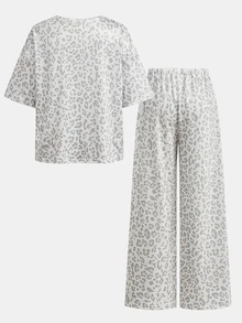 SHEIN 青少年女孩豹紋圓領短袖T恤與寬腿褲休閒套裝 - 灰色 - 查看 4