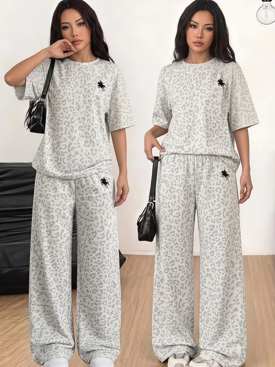 SHEIN 青少年女孩豹紋圓領短袖T恤與寬腿褲休閒套裝 - 灰色 - 查看 1