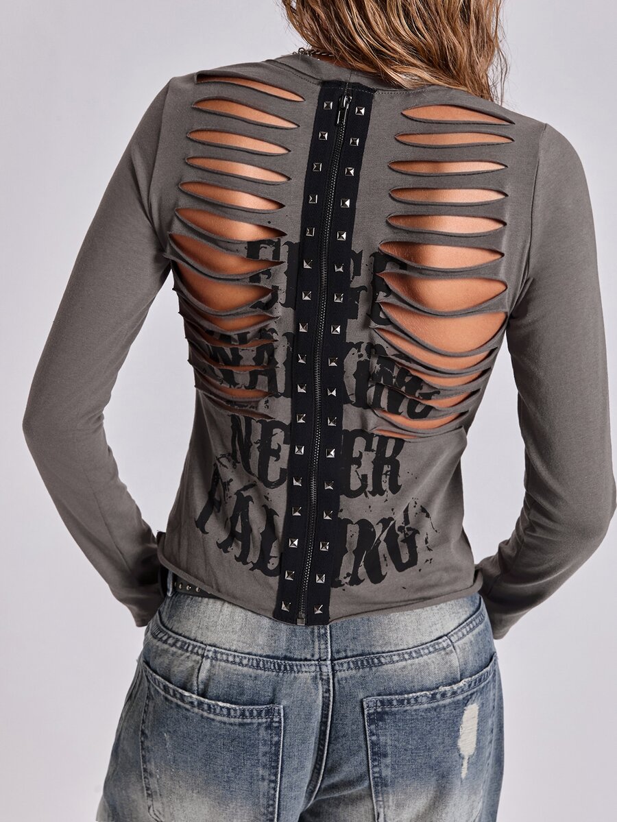ROMWE Fall/Winter Vintage Y2K Casual Print Letter Backless Distressed Slim Fit Round Neck Long Sleeve T-Shirt - Olive Green - View 1