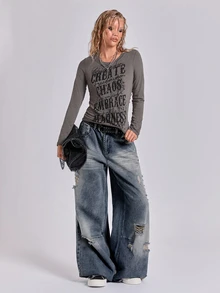 ROMWE Fall/Winter Vintage Y2K Casual Print Letter Backless Distressed Slim Fit Round Neck Long Sleeve T-Shirt - Olive Green - View 5
