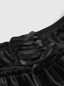 ROMWE Goth Vintage Dark Velvet Ruffle Hem Front Tie Bow Anti-Flash Women Shorts - Black - View 4